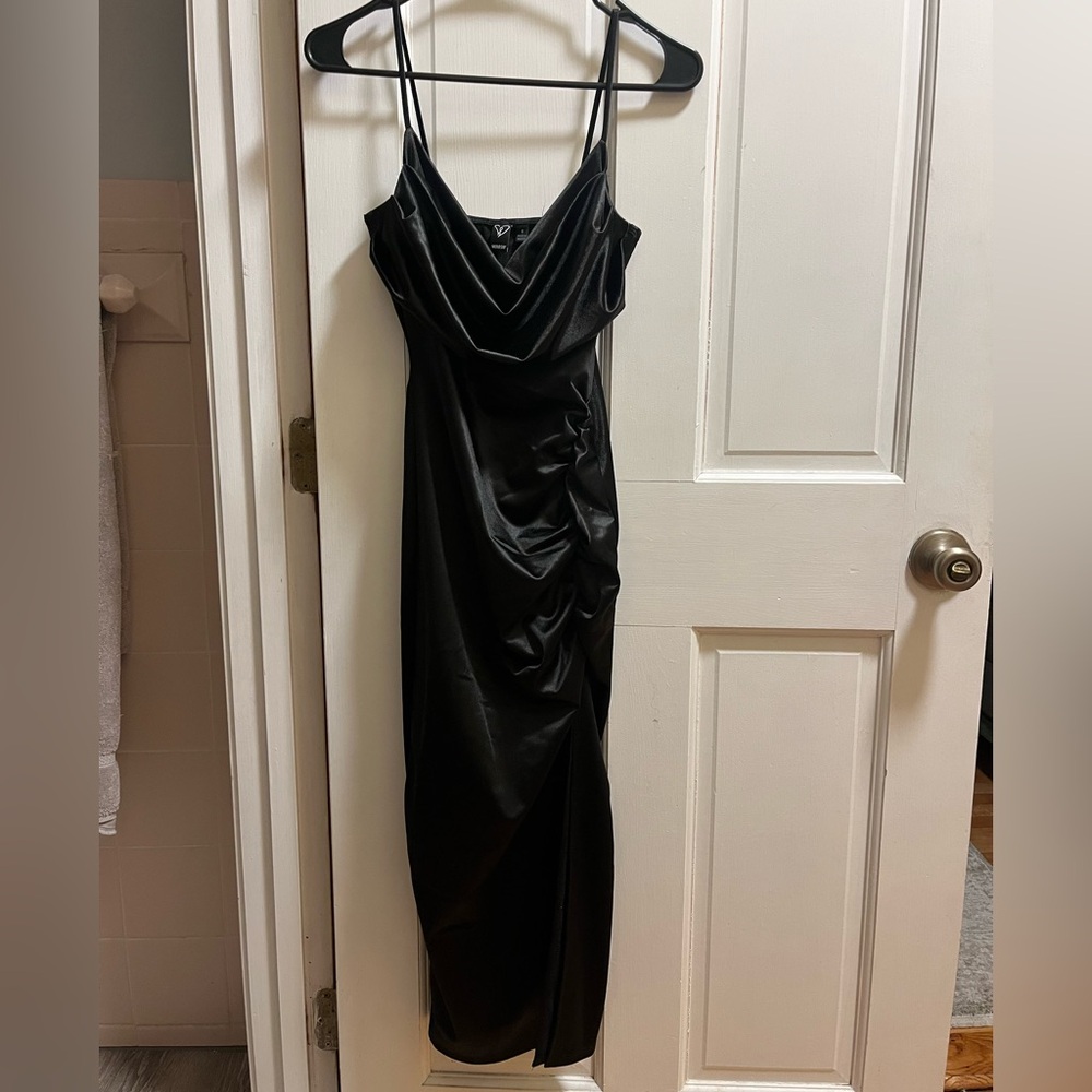 Windsor black satin cowl neck midi dress